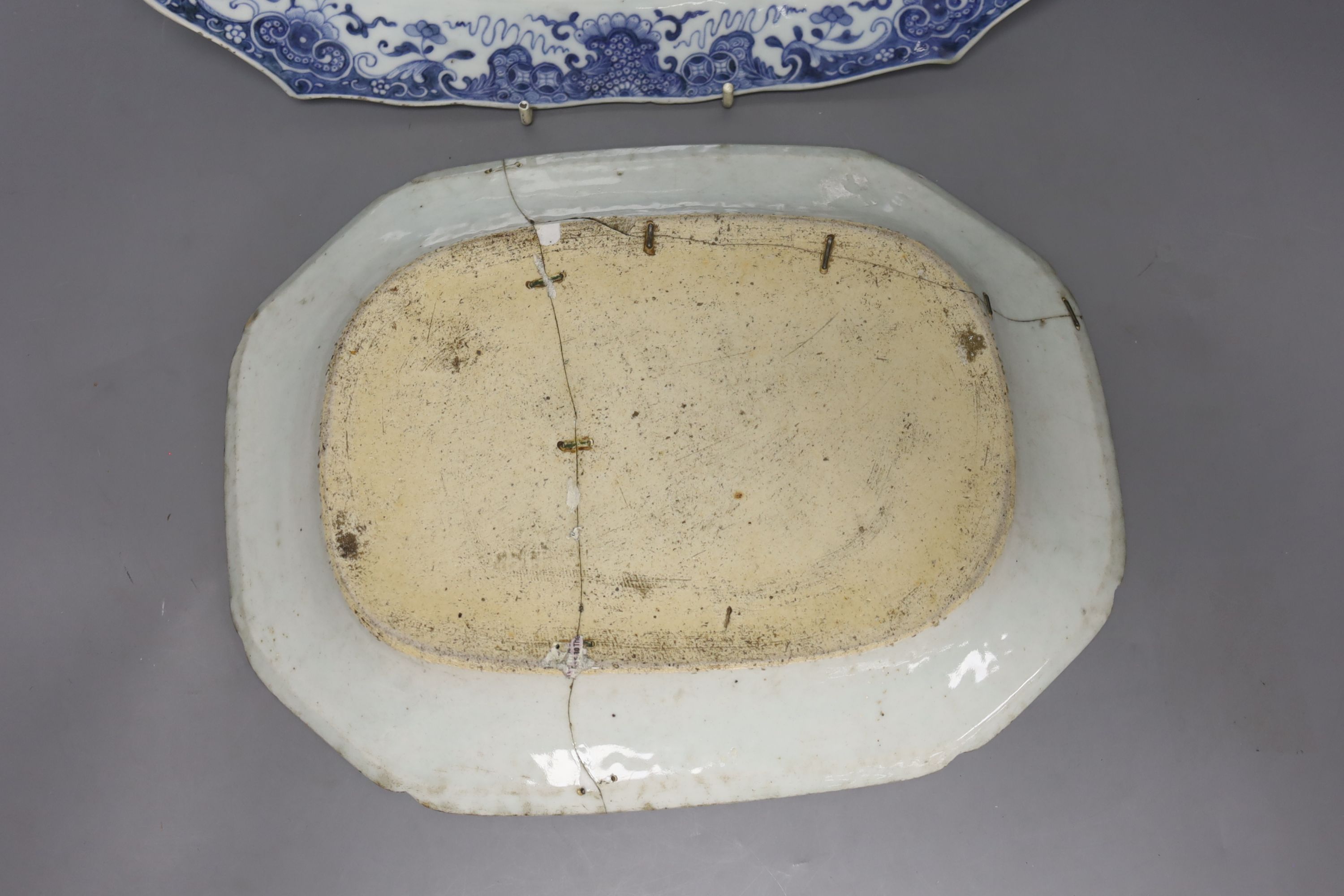 Two 18th century Chinese blue and white meat dishes, length 38.5cm